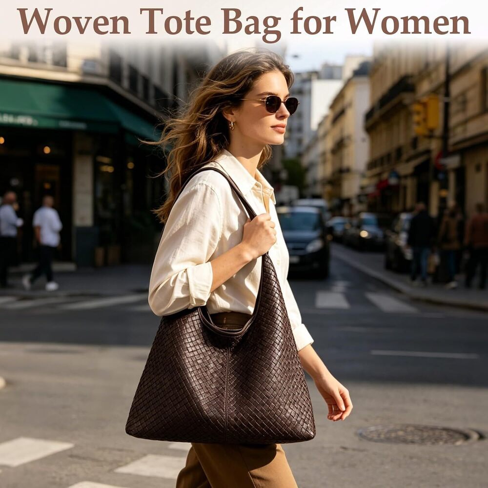 Large Woven Tote Bag for Women, Vegan Leather Hobo Purse - Picture 2 of 7